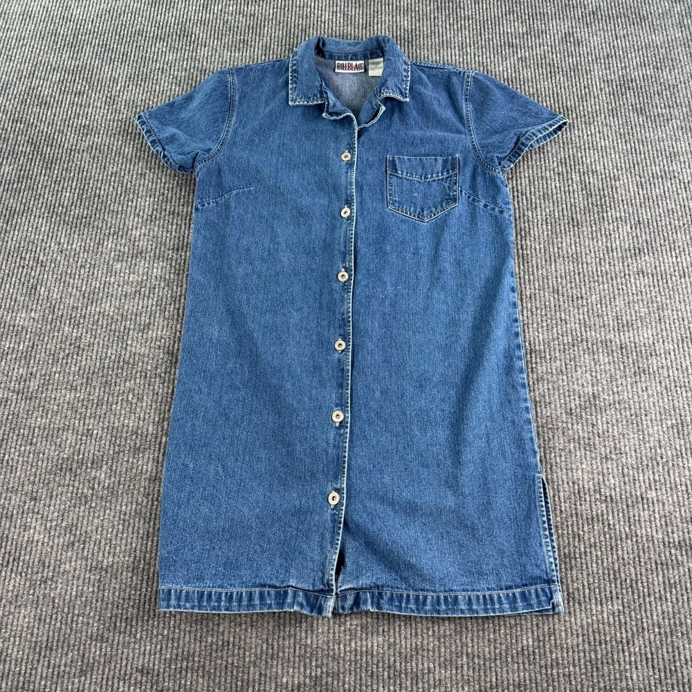 Vintage Bill Blass Jeans Dress Women M Blue Denim Button Front Cinch Waist 90s